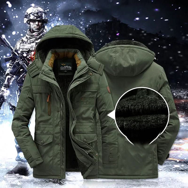 Durable men's padded winter parka, heavily insulated jacket for extreme cold outdoor adventures.