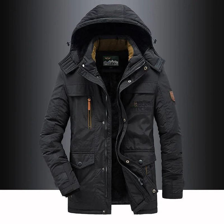 Comfortable men's hooded winter parka, designed for extreme cold weather & rugged outdoor wear.