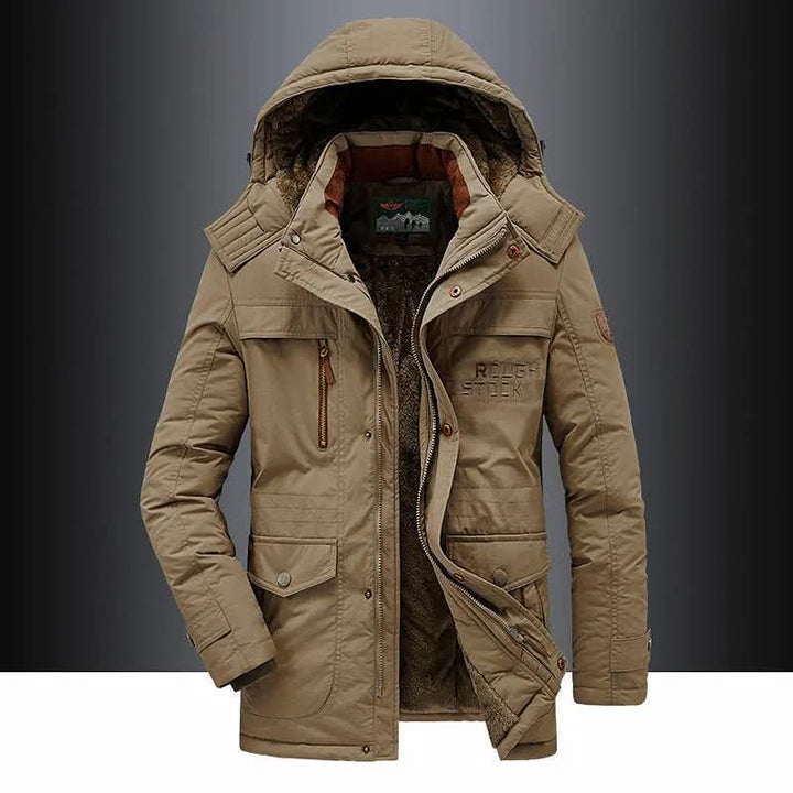 Men's insulated winter parka with a protective hood, extreme cold windproof comfort for warmth.