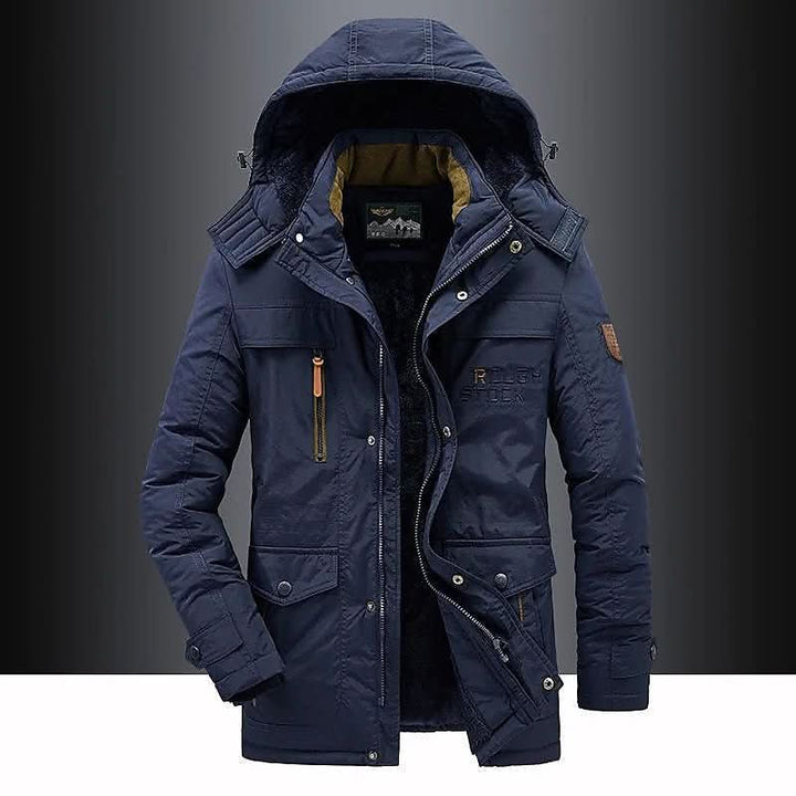 Side view: Men's warm insulated winter parka jacket for extreme cold weather outdoor activities.