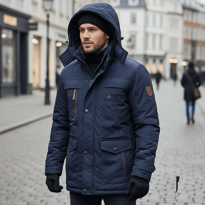 Men's insulated winter parka in action, warm & windproof, perfect for extreme cold outdoor wear.