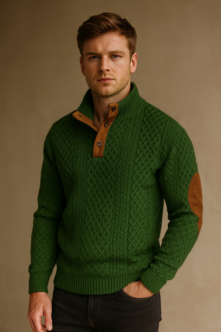 Men's relaxed fit jacquard knit pullover with stylish button collar & elbow patches. Ideal for smart casual.