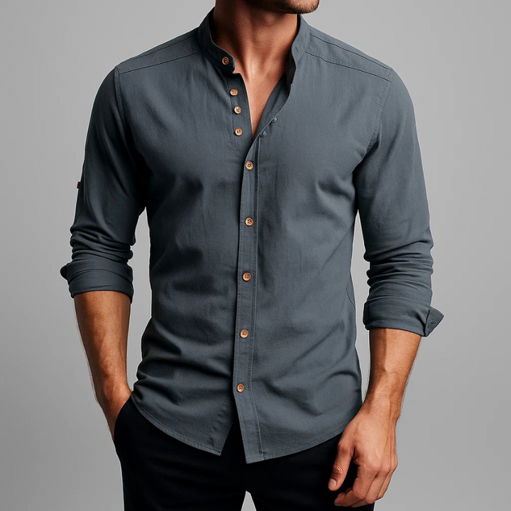 Elegant men's long-sleeve Japanese style shirt with a unique stand collar and tailored fit for modern fashion.