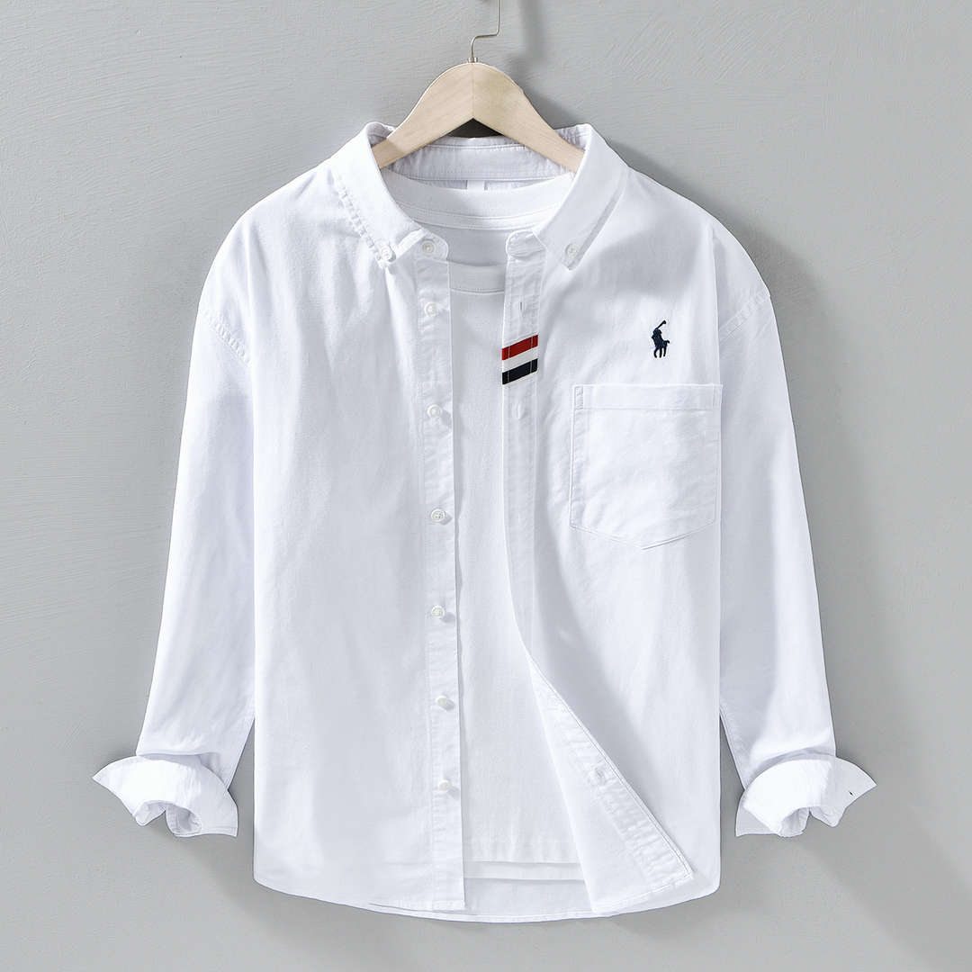 Versatile Julian men's long sleeve button-front shirt. Perfect for smart casual or everyday wear with a striped placket.