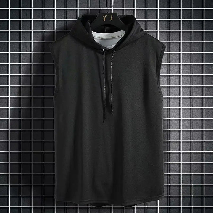 Athletic men's sleeveless hoodie vest for ultimate freedom of movement. Performance gym wear, breathable workout top.
