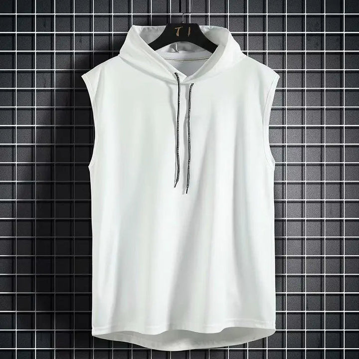 Versatile men's sleeveless hoodie for casual style & activewear. Lightweight, breathable athletic apparel with drop-curve hem.