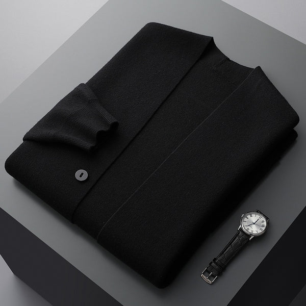 Effortless men's knit cardigan, combining varsity style, modern menswear, and comfort fashion.