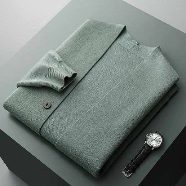 Textured knit men's cardigan, an essential comfort fashion piece for modern menswear layering.