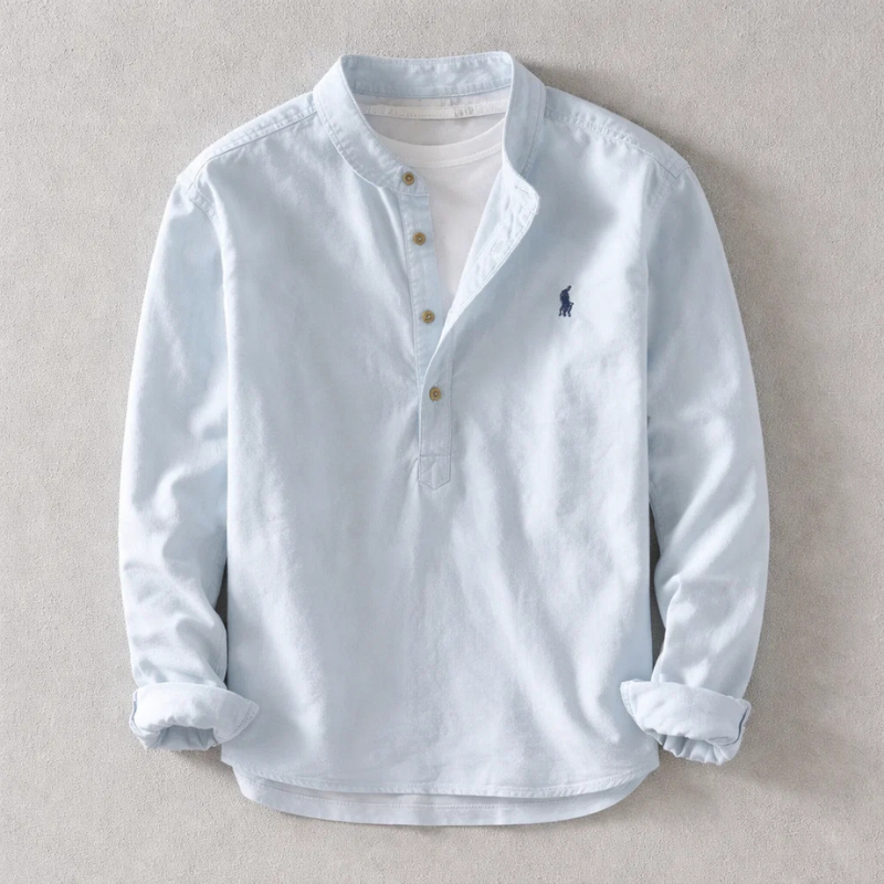 Classic men's long sleeve button-down shirt, Kyoto style, versatile for smart casual or relaxed summer wear.