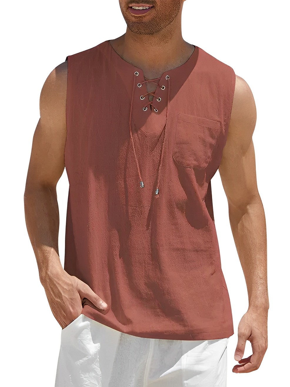 Men's lace-up V-neck tank top, a stylish sleeveless piece for warm weather. Perfect casual summer fashion.