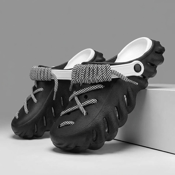 Outdoor mens laced clogs, water-friendly & comfortable, perfect for adventurous activities.