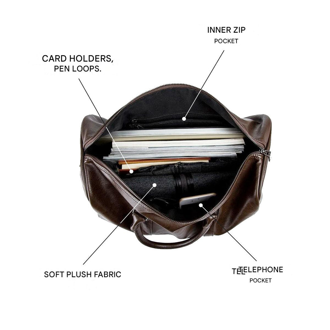 Versatile men's leather duffel bag, perfect lightweight carry-on or weekend luggage.