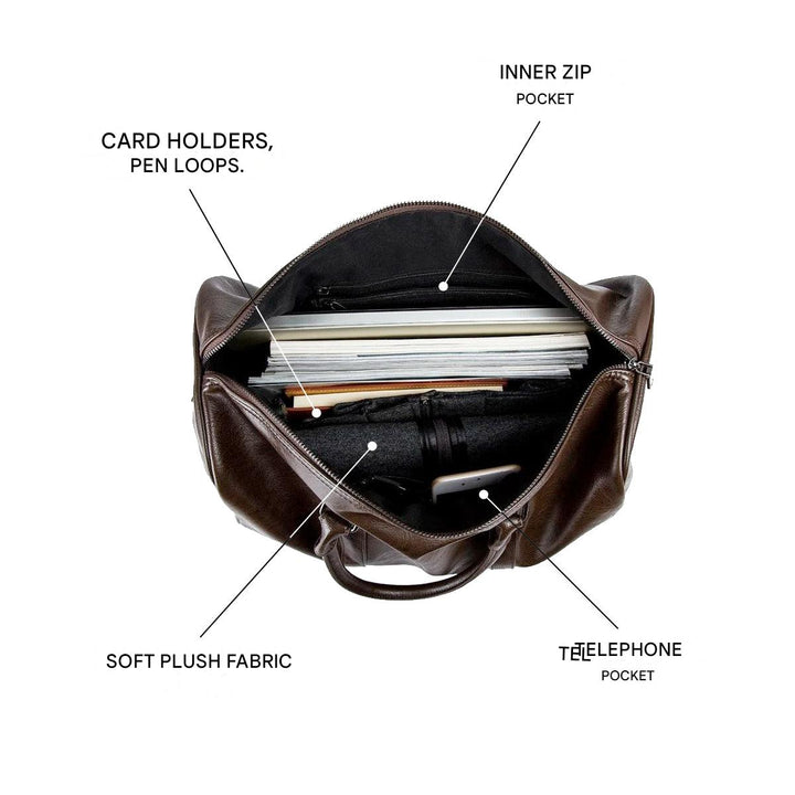 Versatile men's leather duffel bag, perfect lightweight carry-on or weekend luggage.