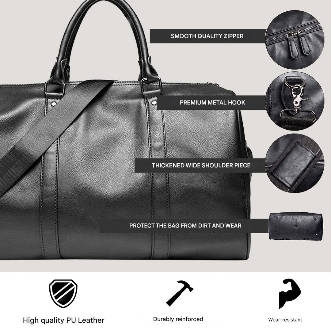 Durable brown leather duffel bag for men, perfect carry-on luggage for travel.