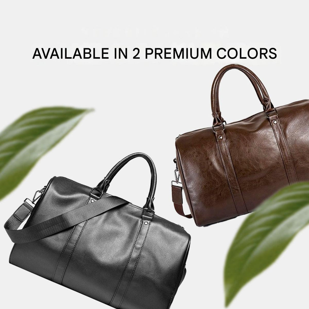 Stylish men's leather duffel bag, a lightweight and durable carry-on for travel.