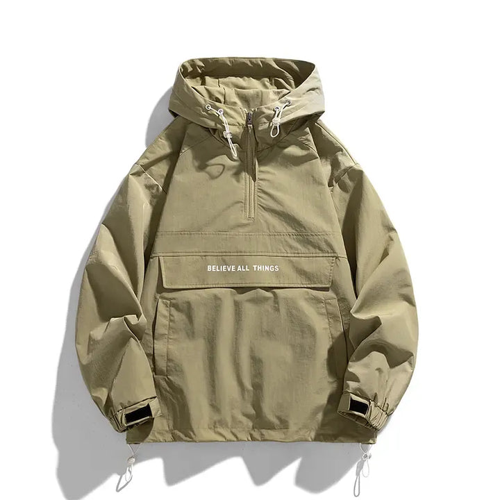 Men's lightweight beige half-zip windbreaker jacket. Sleek style & everyday weather protection.