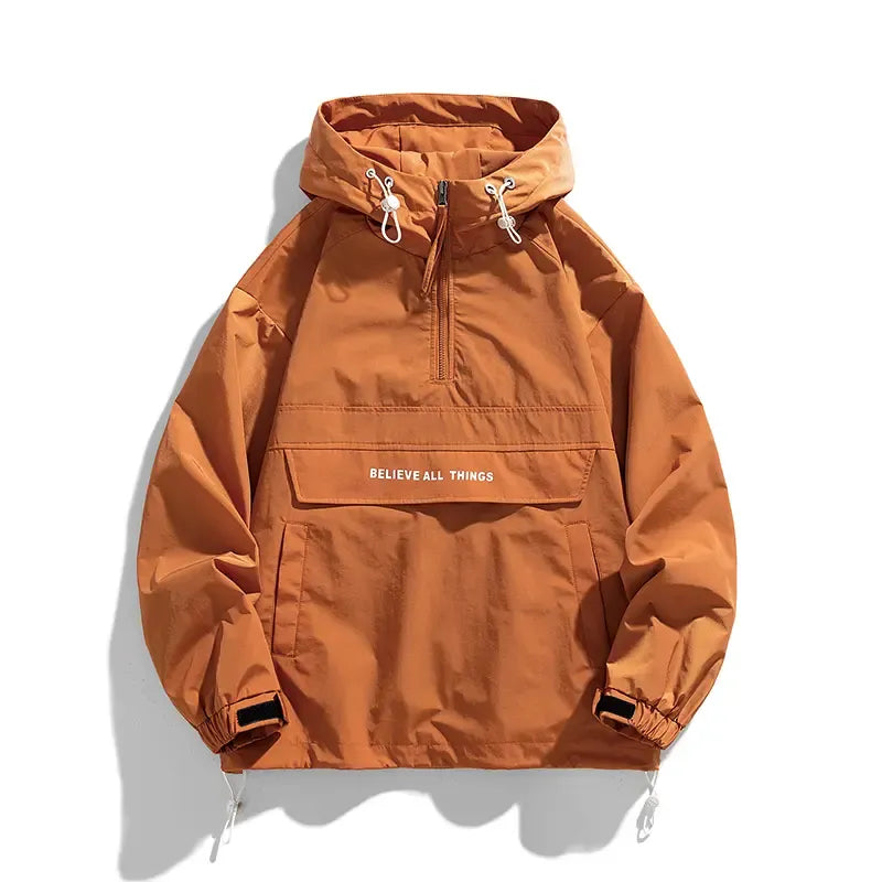 Lightweight men's windbreaker jacket with adjustable hood for weather protection. Ideal casual outerwear.