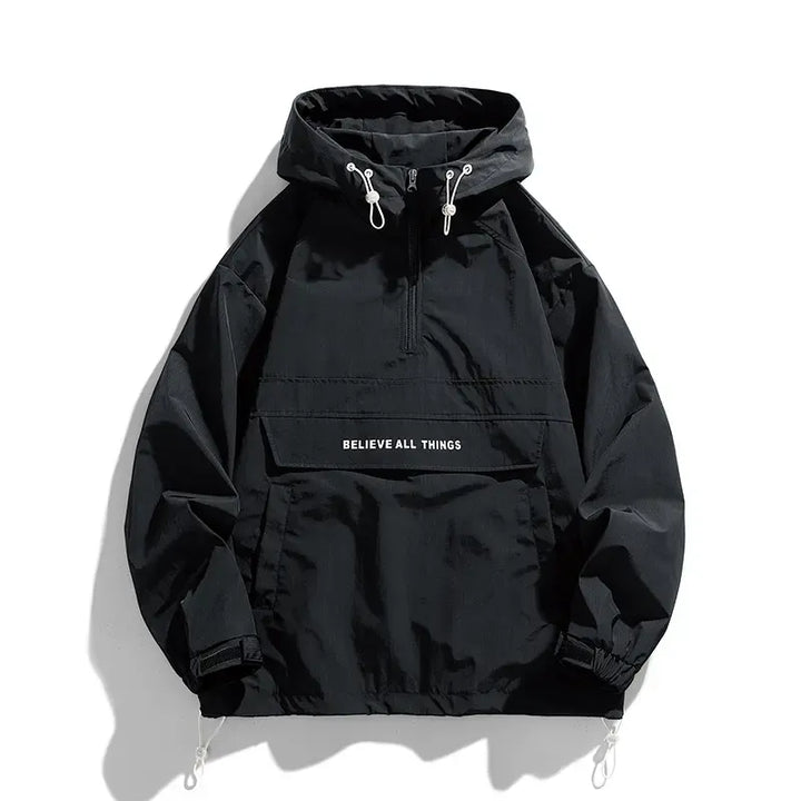 Black men's modern fit windbreaker jacket. Sleek, casual half-zip outerwear for everyday wear.
