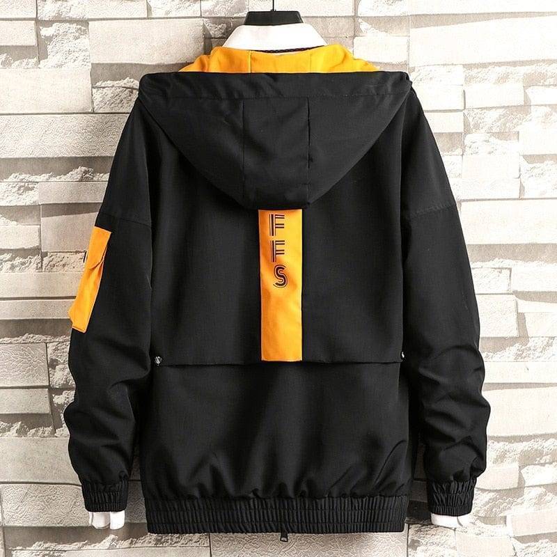 Stylish men's lightweight bomber cargo jacket, black, side view with utility pockets