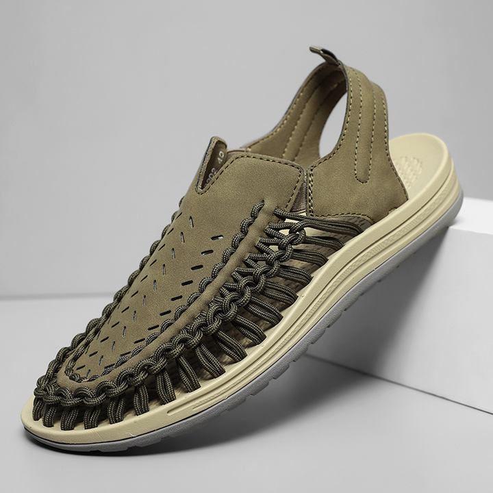Side view of men's lightweight braided sandals, emphasizing breathable design & comfort footwear.