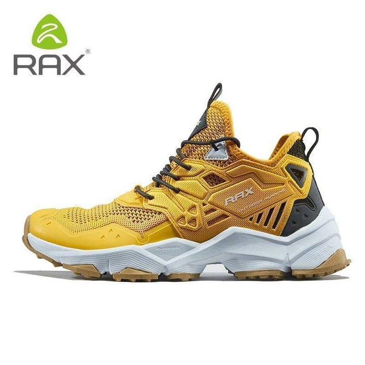 Close-up of men's hiking sneakers, emphasizing breathable materials for outdoor adventures.