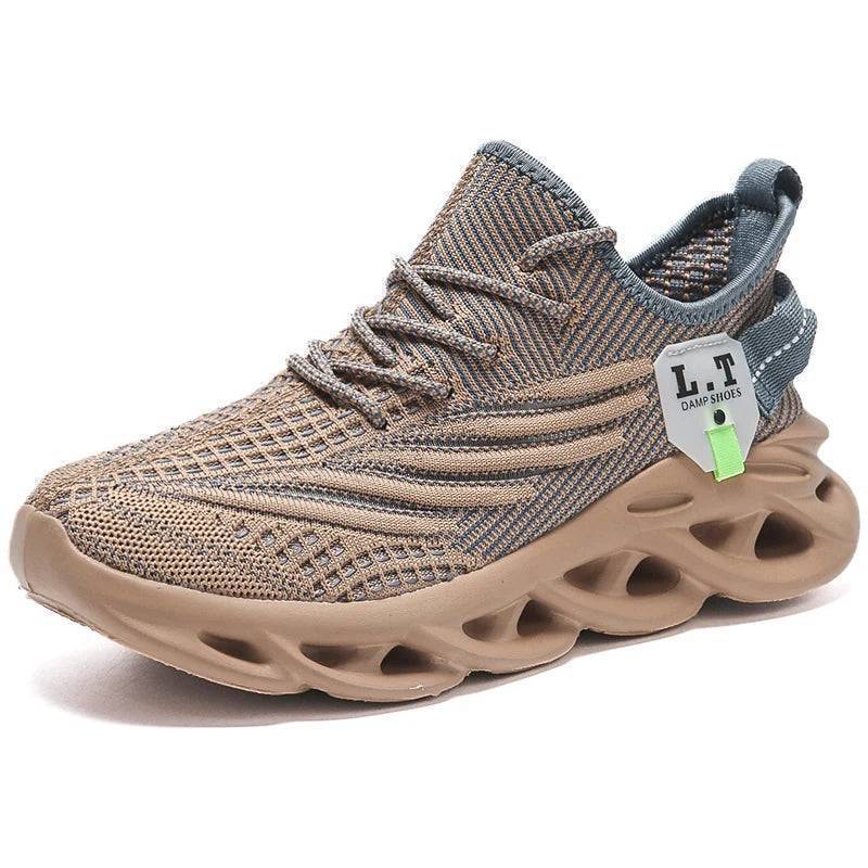 Men's athletic mesh sneakers in black, designed for running, breathability, and shock absorption.