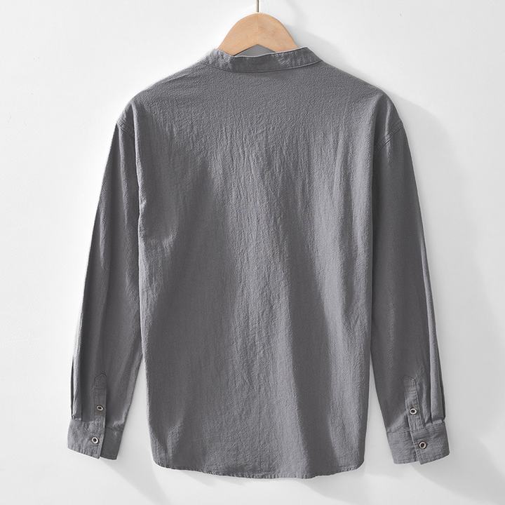 Stylish men's collarless popover shirt, ideal for summer beach days, vacations, or smart casual outfits.
