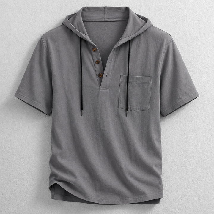 Men's hooded henley in a lightweight cotton-linen blend, showing casual fit, ideal for layering.