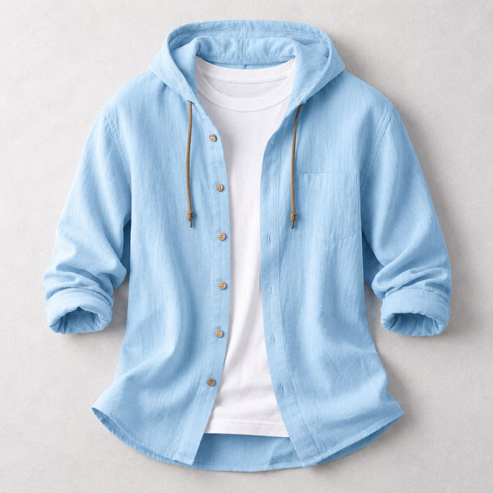 Men's lightweight grey hoodie shirt with relaxed fit, perfect for comfortable everyday casual wear in spring and summer.