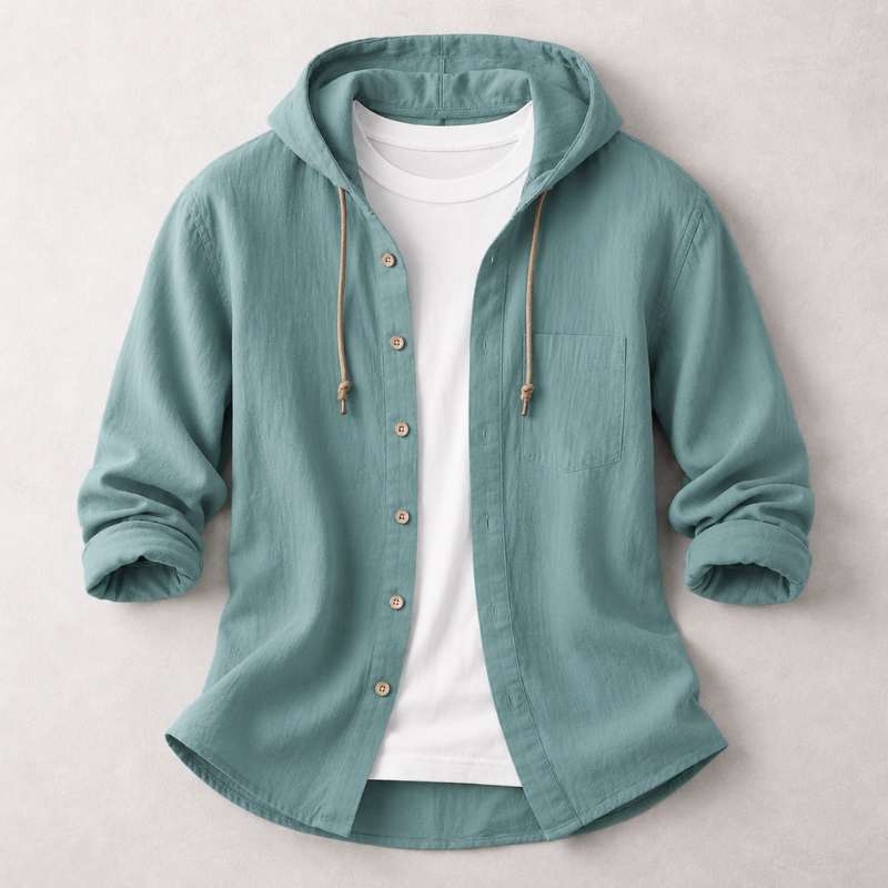 Relaxed fit men's pullover hoodie shirt, ideal for versatile layering and comfortable casual style in any season.