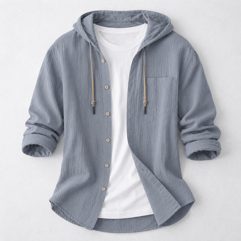 Comfortable men's relaxed fit hoodie shirt, perfect for lightweight coverage during cool summer evenings or spring days.