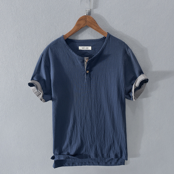 Back view of a men's casual short sleeve Henley shirt, showcasing its relaxed fit and lightweight design for summer.