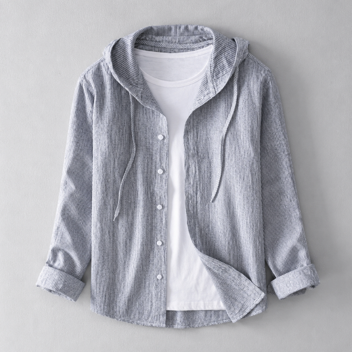 Stylish men's hooded button-front shirt with adjustable hood & tailored fit. Lightweight and breathable for daily wear.