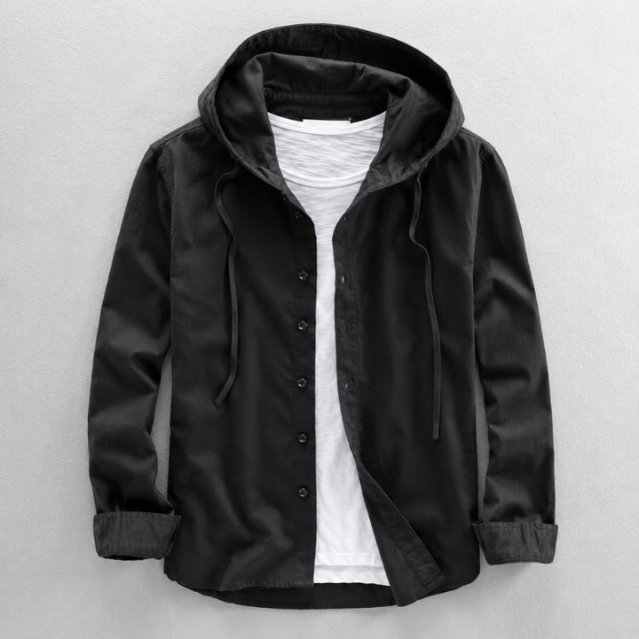 Comfortable men's lightweight, breathable hooded shirt. Button-front long sleeve with a modern, tailored fit.