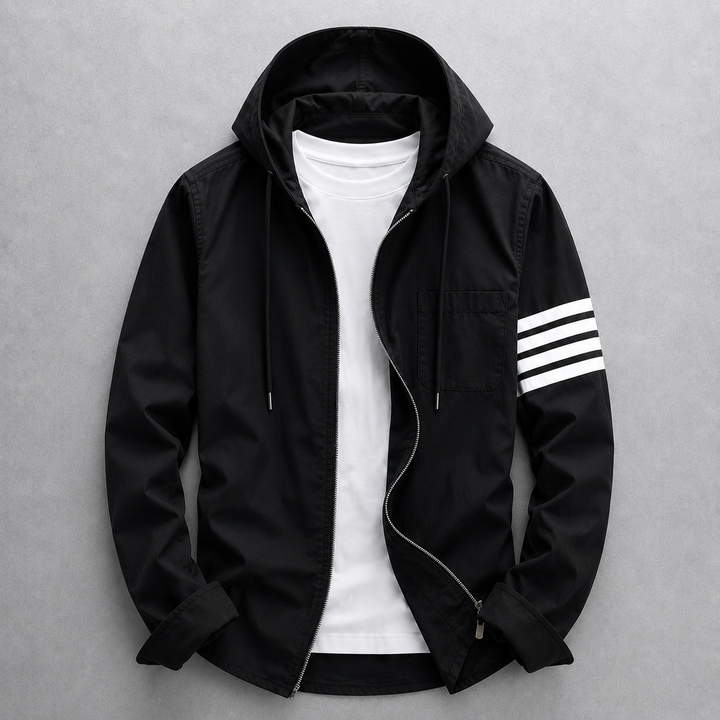White men's tailored fit hooded jacket. Lightweight, modern, & versatile for everyday comfort.