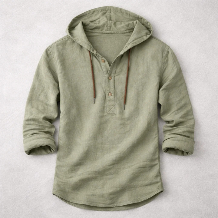 Versatile men's hooded shirt in a modern lightweight design. Perfect for casual wear, beach, or relaxed dinner attire.