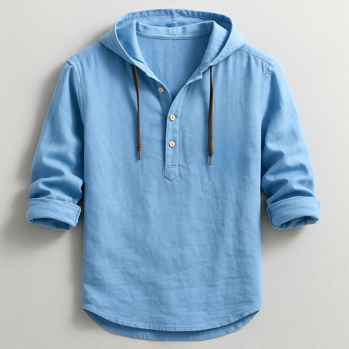 Men's lightweight hooded shirt, long sleeve, relaxed fit, perfect for casual everyday wear in spring & summer.
