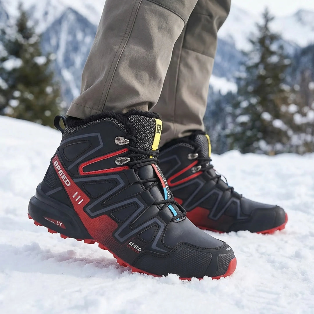 Men's lightweight insulated winter hiking boots for cold weather outdoor trails. Non-slip grip footwear.