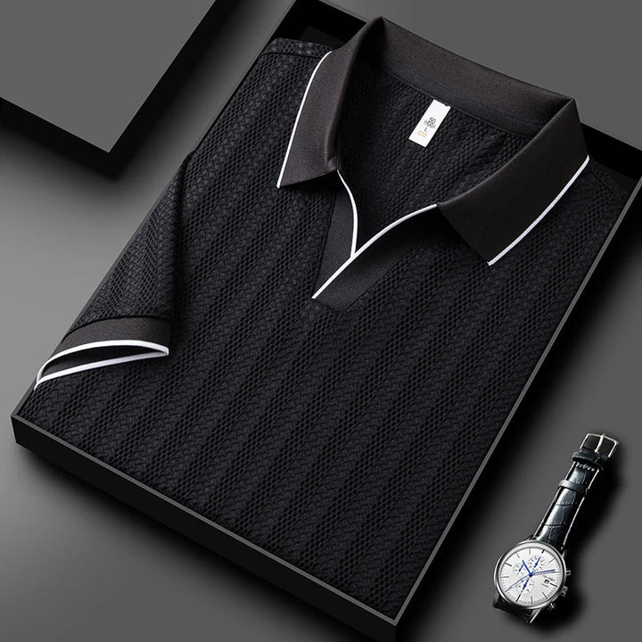 White knitted men's polo shirt, featuring a tailored fit and breathable fabric for summer.