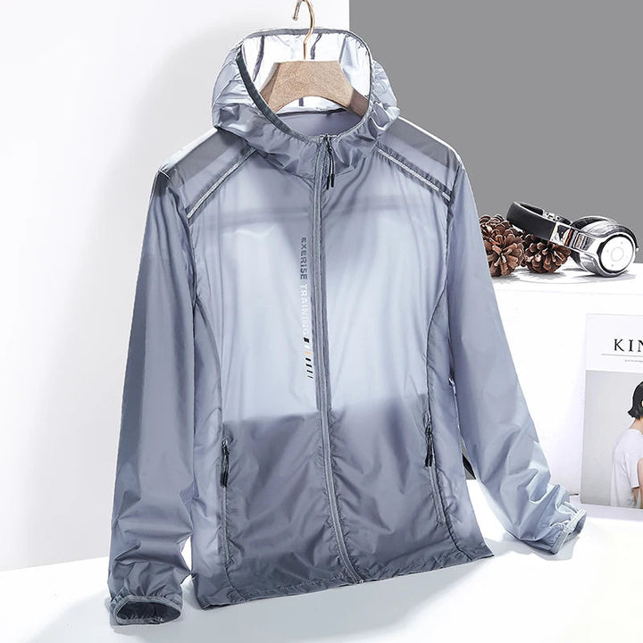 Activewear men's windbreaker jacket with quick-dry fabric & reflective details for safe outdoor adventures.