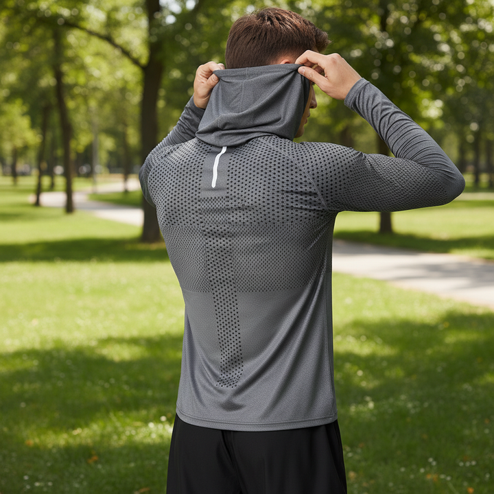 Reflective men's hooded running shirt, quick-dry activewear for visible and cool workouts.