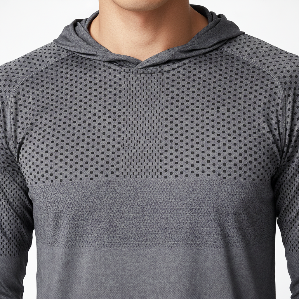 Men's quick-dry hooded performance shirt, lightweight athletic wear for comfort and visibility.