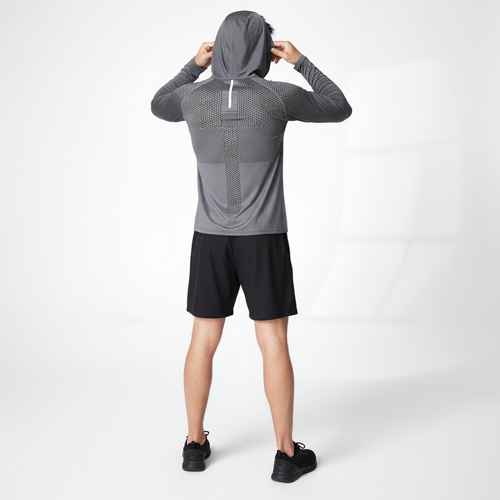 Lightweight men's hooded performance shirt, reflective & quick-dry for active men's workouts.