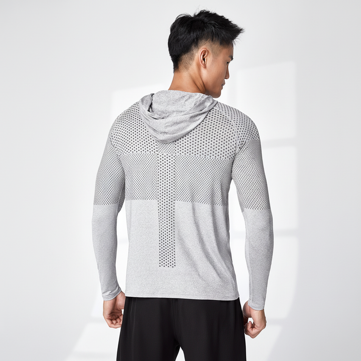 Reflective men's hooded performance shirt, lightweight & quick-dry for safe outdoor running.