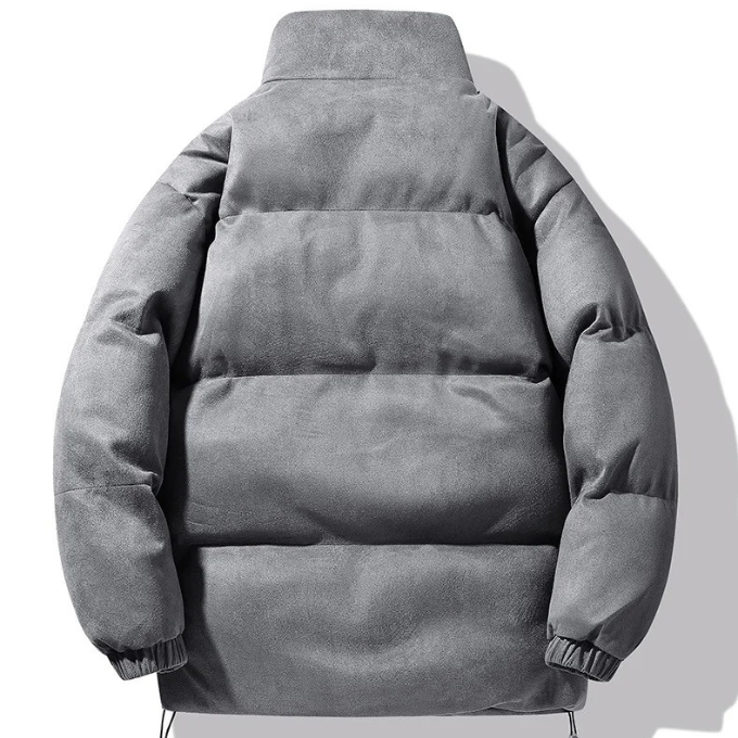 Close-up of men's lightweight puffer jacket, highlighting warm cotton fabric & casual everyday style.