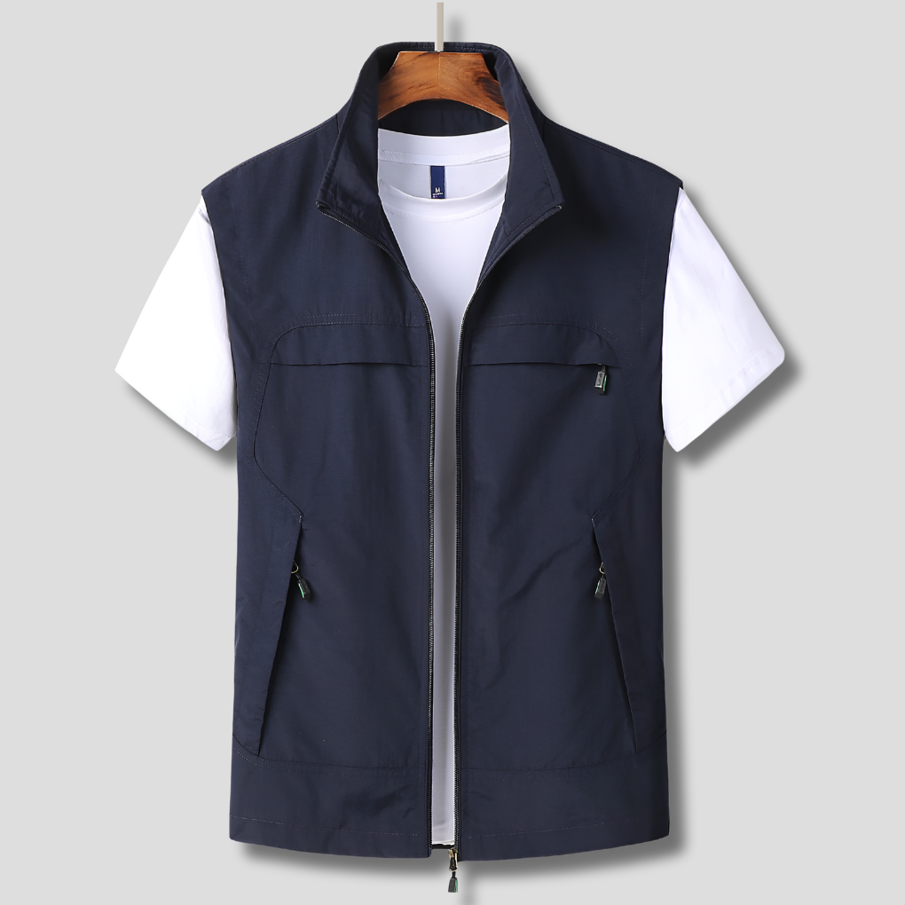 Men's lightweight quick-dry outdoor zip vest. Ideal for travel, hiking, and active wear. Breathable utility design.