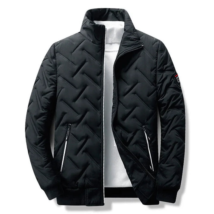 Close-up of a men's stylish quilted jacket, showcasing the lightweight fabric and detailed stitching.