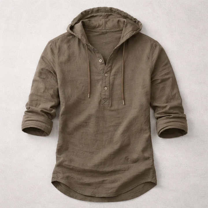 Breathable men's relaxed fit hoodie shirt, lightweight long sleeve top with adjustable drawstring, perfect for casual comfort.