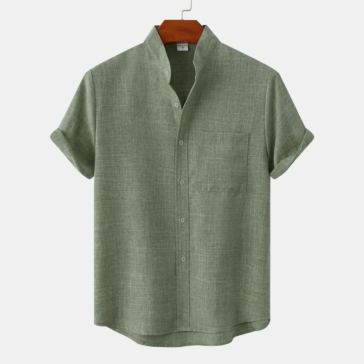 Collarless men's lightweight button-up shirt, perfect for resort wear, vacation, & summer fashion.