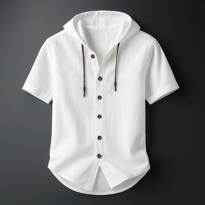 Stylish men's relaxed fit short-sleeve hoodie. Breathable, lightweight top, perfect for comfortable summer fashion.